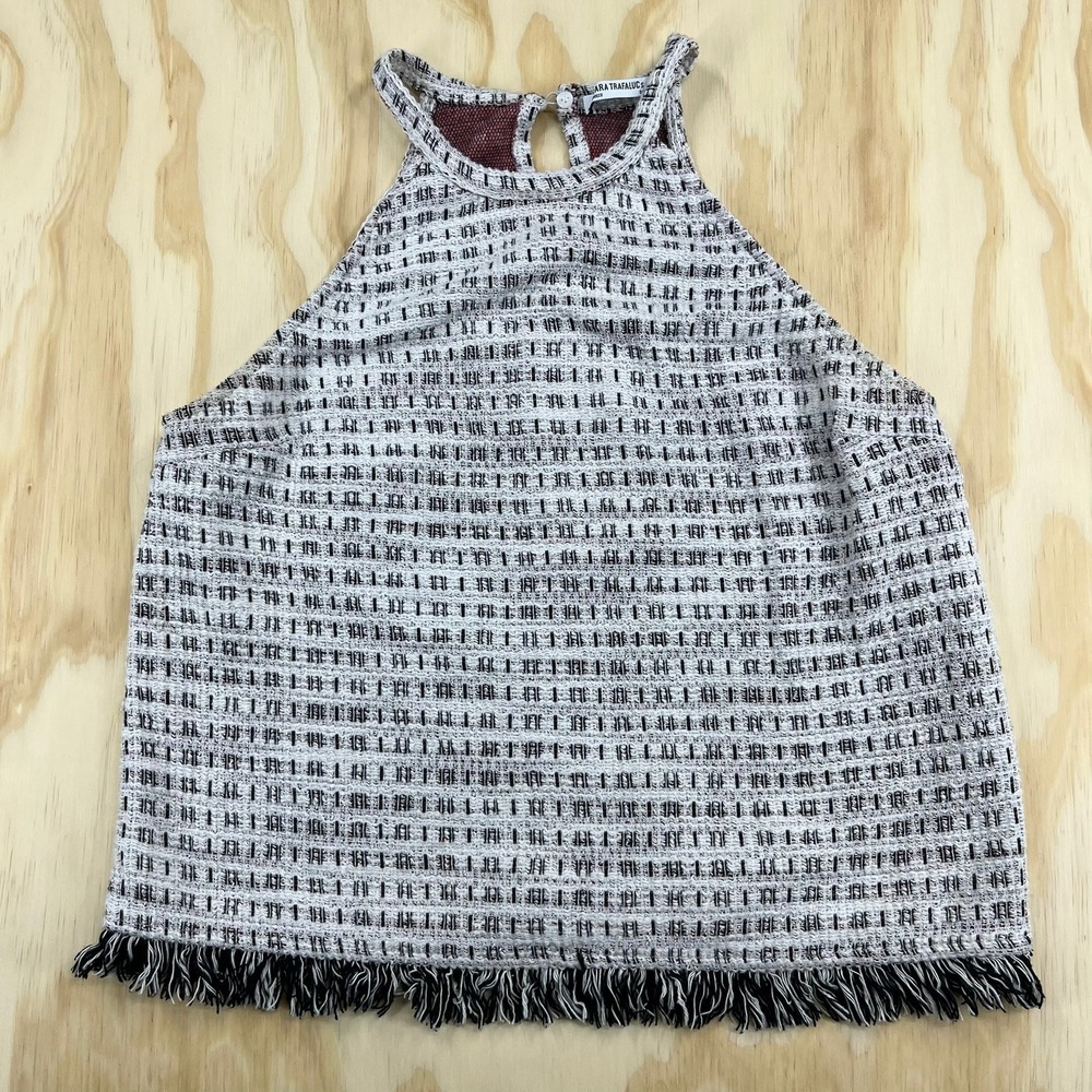 Zara Trafaluc Womens Halter Top Black White Textured Fringe Hem Size S
